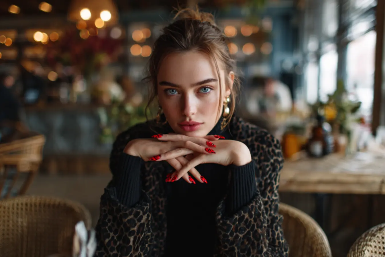 Unhas com estampa de onça vermelha em destaque, nail art animal print poderosa