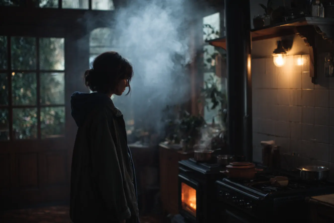 Fogão a lenha rústico em área urbana, fumaça e vizinhança