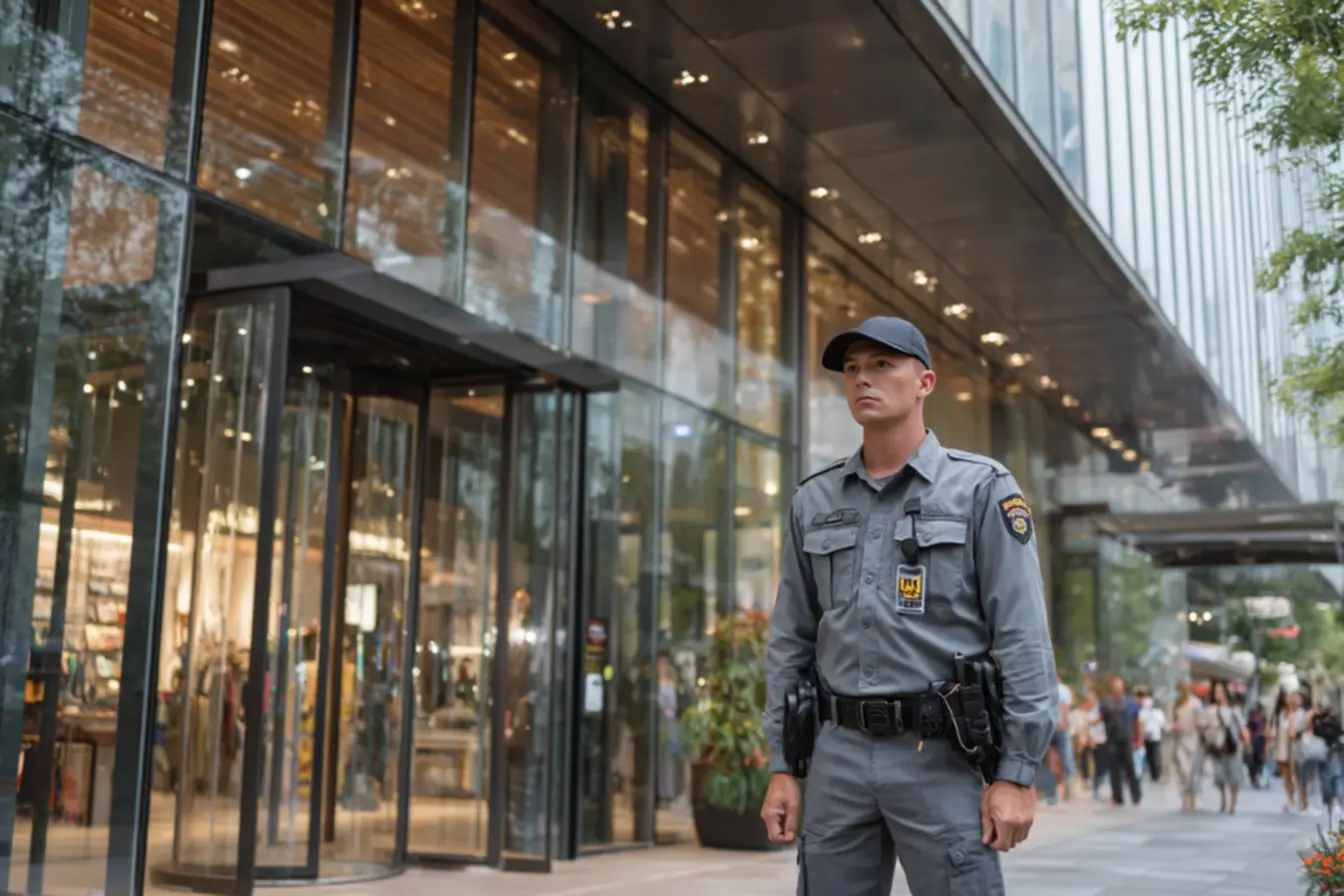 Vigilante em posto de serviço moderno com tecnologia de controle de acesso