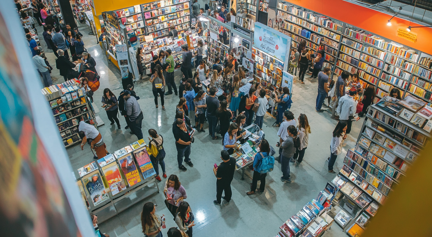 Autores e visitantes interagindo na feira