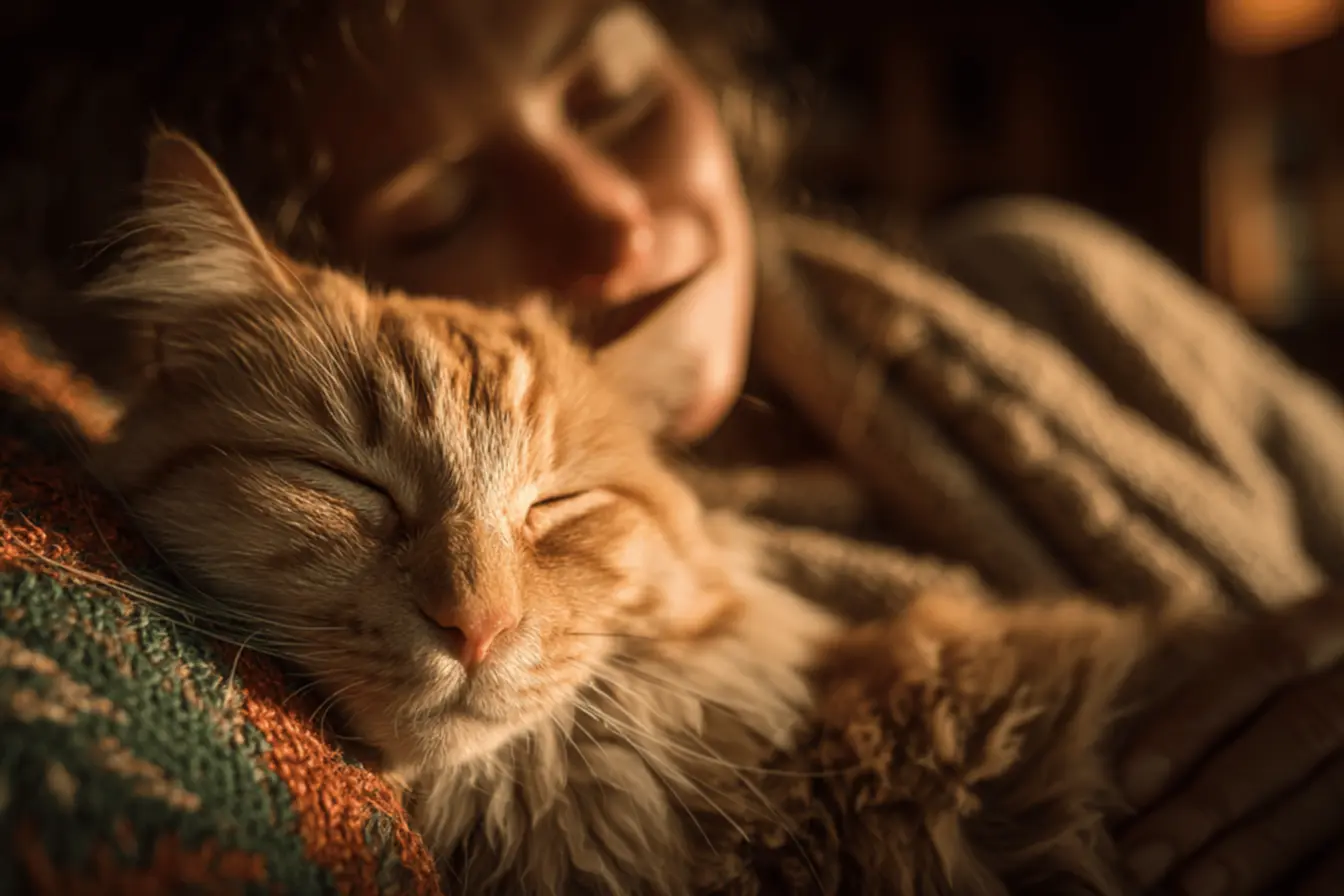 Gato aconchegado em cima do humano, mostrando confiança e afeto