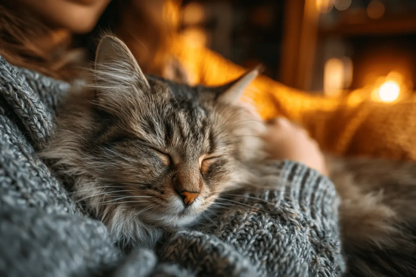 Felino dormindo profundamente no colo do tutor, buscando calor e segurança