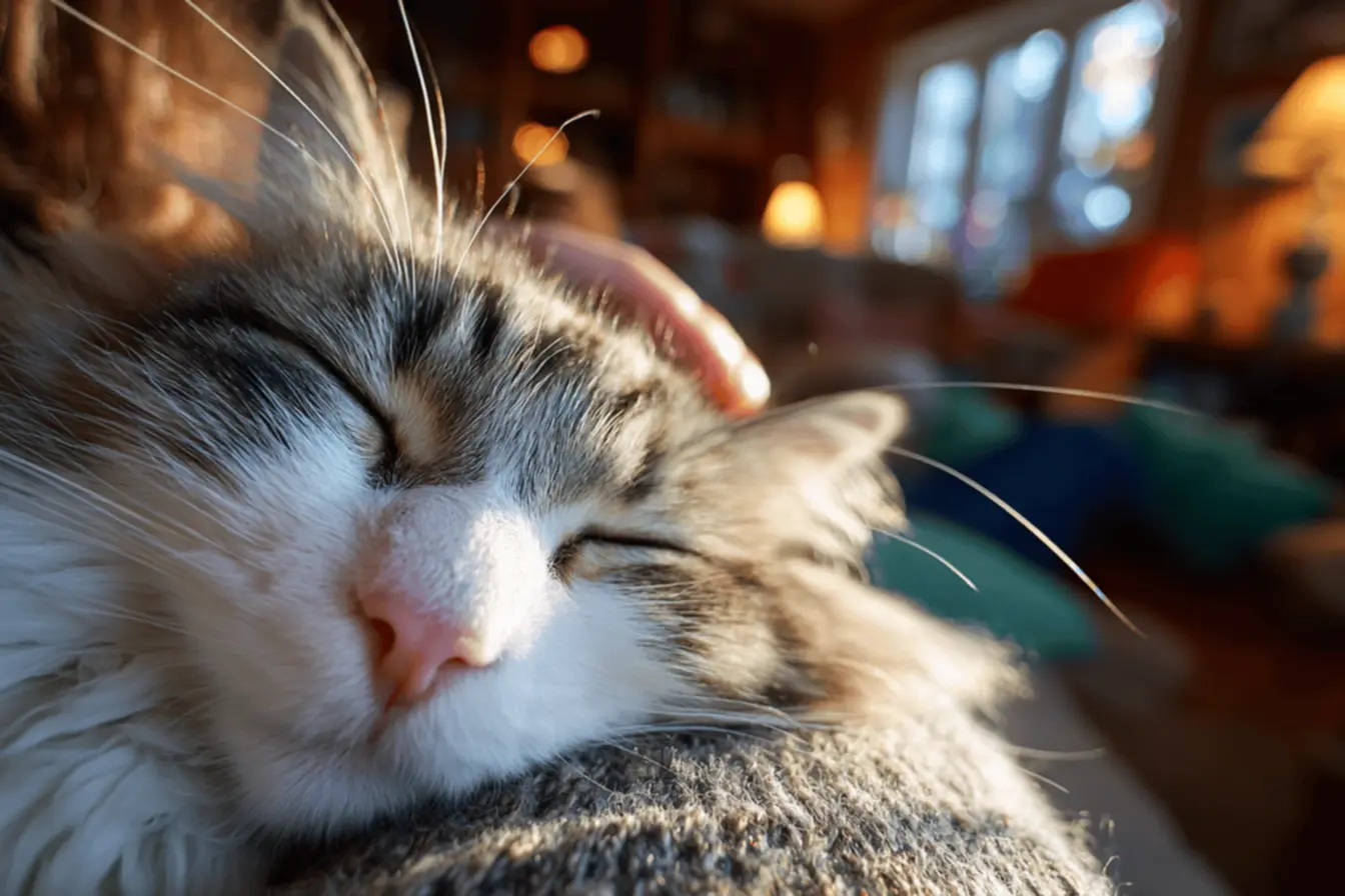 Gato ronronando e se aninhando no peito, expressão de afeto e vínculo felino