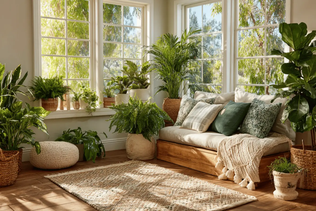 Ambiente acolhedor com plantas de interior, ideal para decorar a casa e promover bem-estar.