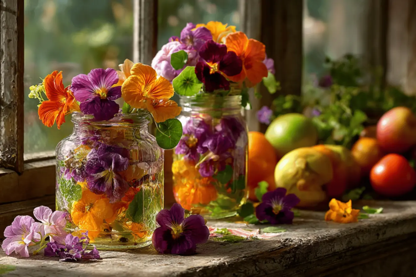 Jardim exuberante com diversas flores comestíveis coloridas, ideal para culinária natural