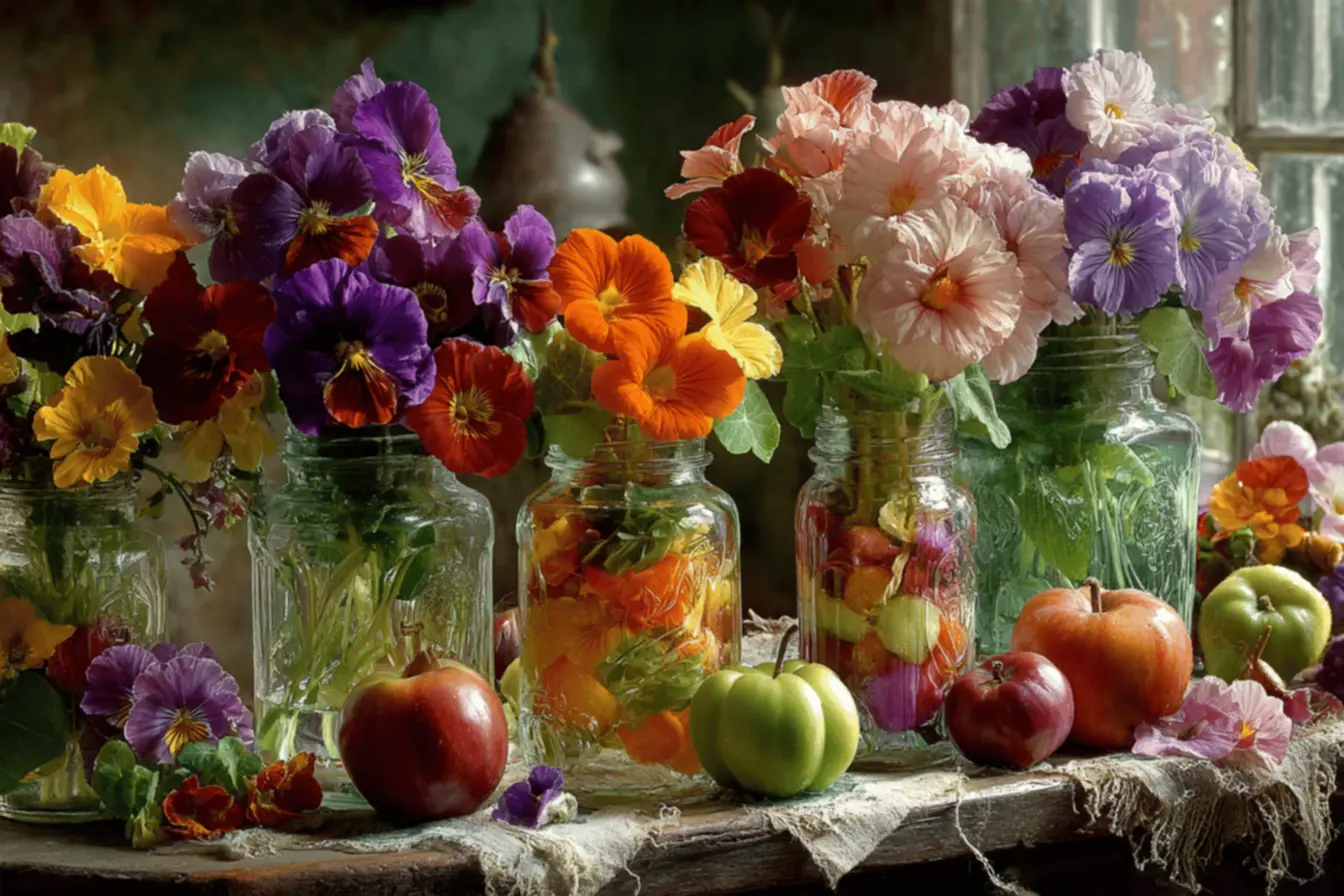Vasos com calêndulas vibrantes e outras flores prontas para a colheita, cultivadas de forma orgânica