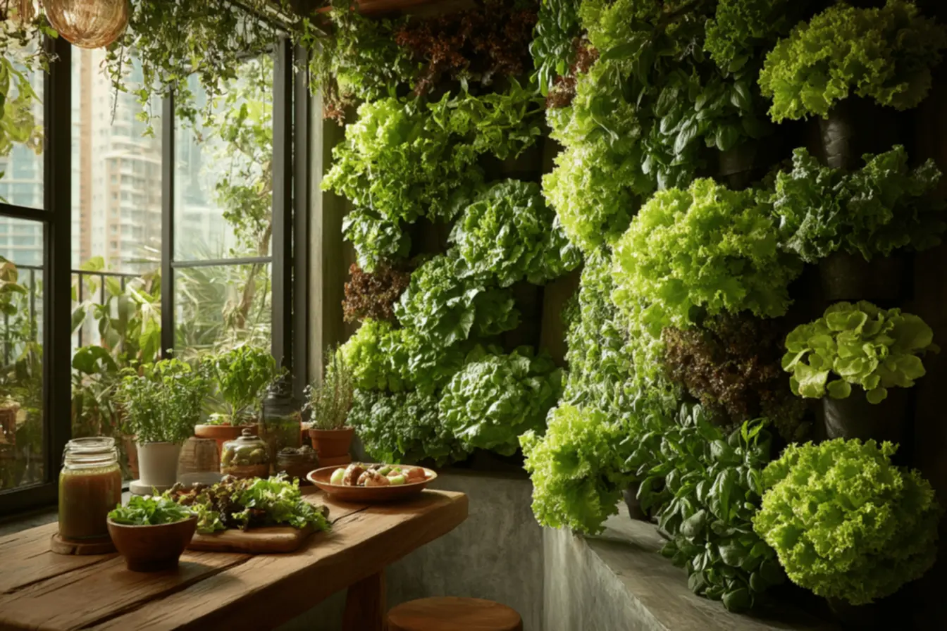 Variedades de temperos e legumes frescos em horta vertical em casa