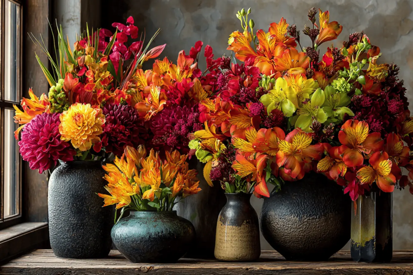 Detalhe de buganvílias e outras flores coloridas em plena floração
