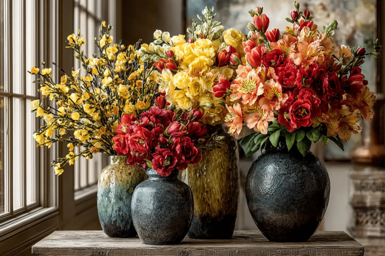 Vinca e petúnias em vasos, trazendo cores vibrantes para a varanda