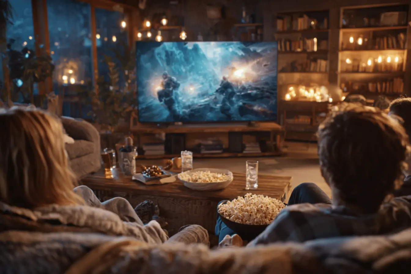 Pessoas assistindo TV juntas, desfrutando de uma maratona de séries