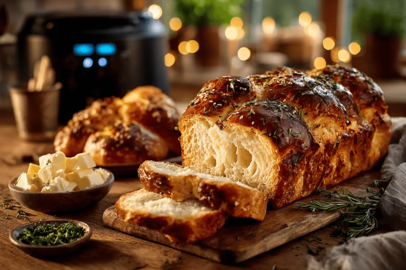 Cesta da air fryer com pão dourado, o pão feito na air fryer perfeito.