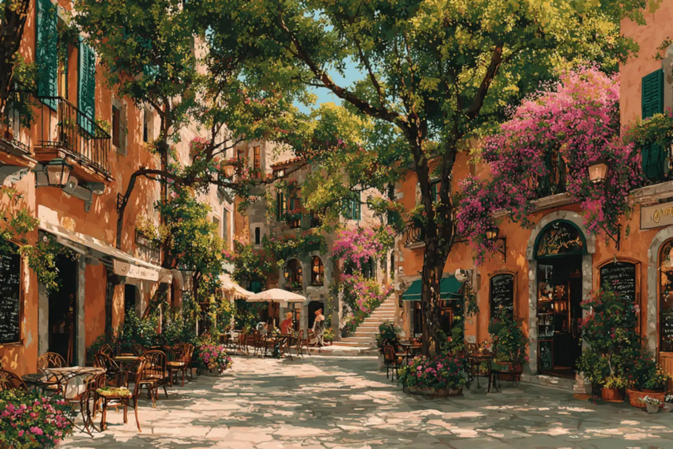 Uma rua colorida e charmosa, com fachadas vibrantes e flores nas janelas, representando a beleza das ruas mais lindas do mundo.