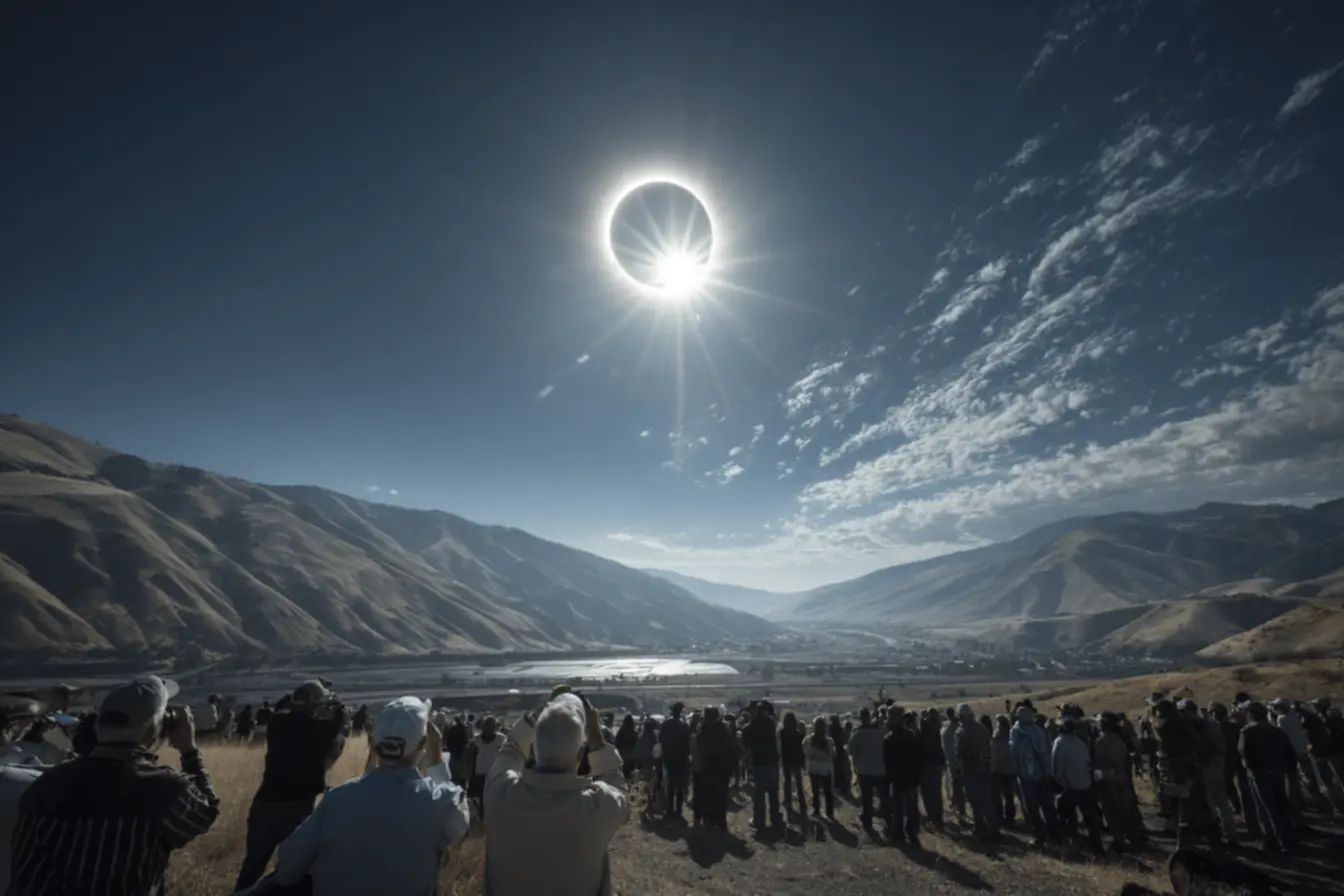 Visão espetacular de um eclipse total, com a coroa solar brilhando no céu noturno