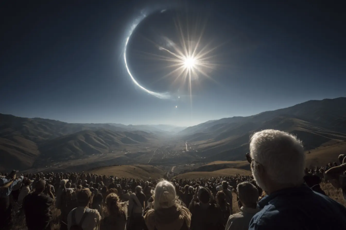 Alinhamento cósmico da Lua e do Sol durante um eclipse solar, com destaque para o fenômeno celeste