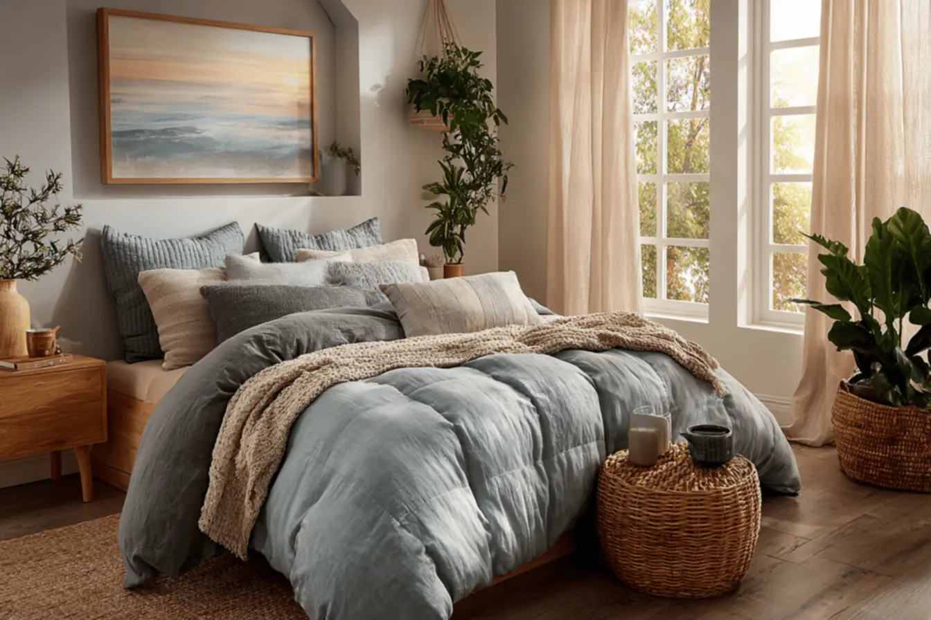 Quarto moderno com predominância de tons off-white e madeira, ideal para quem busca as cores mais usadas em quartos modernos.