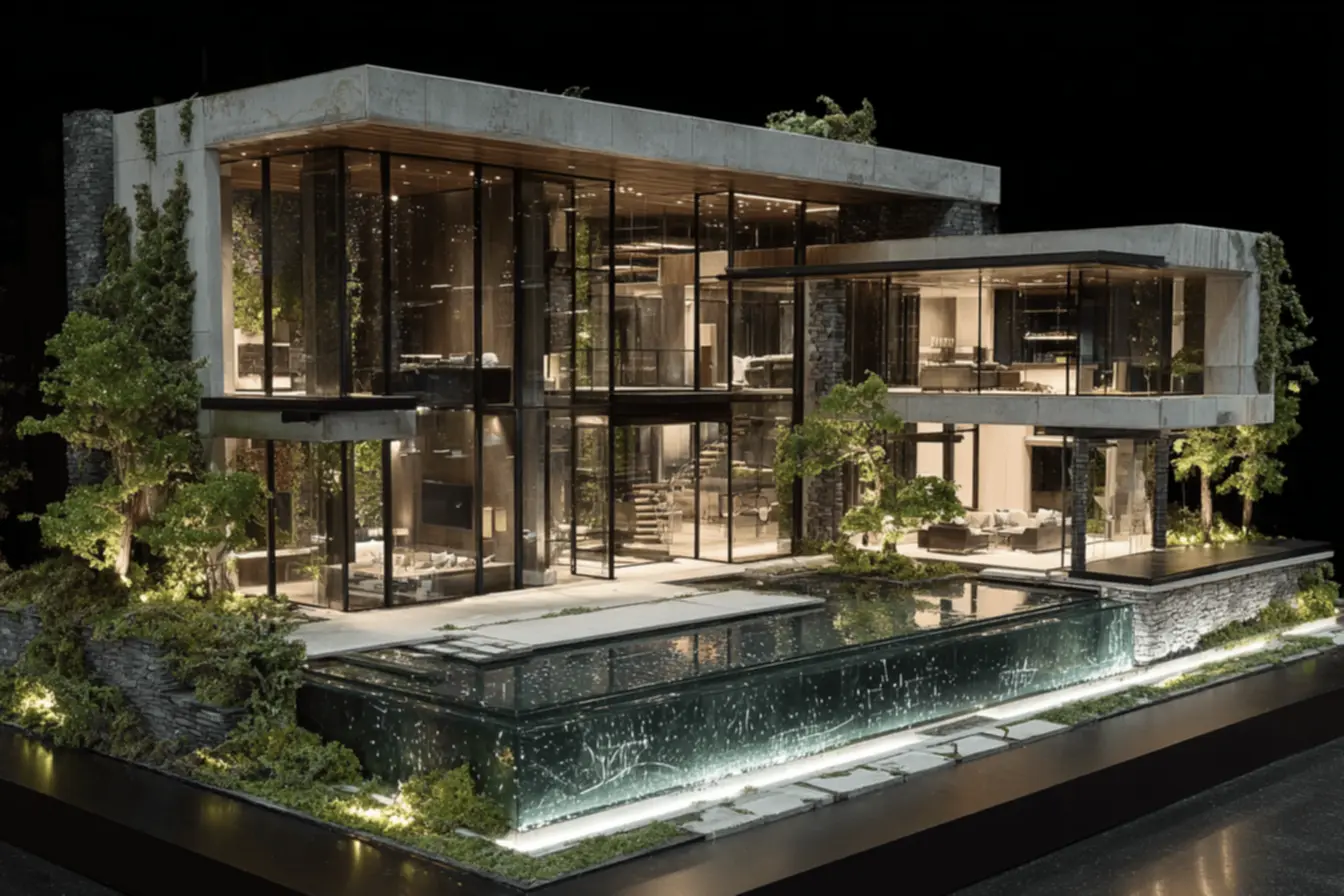 Fachada de residência luxuosa com arquitetura sustentável e integração paisagística