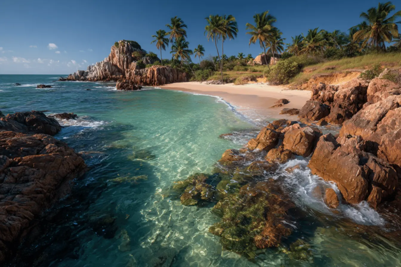 Cenário paradisíaco de uma praia secreta no Nordeste, com areia branca e mar azul cristalino.