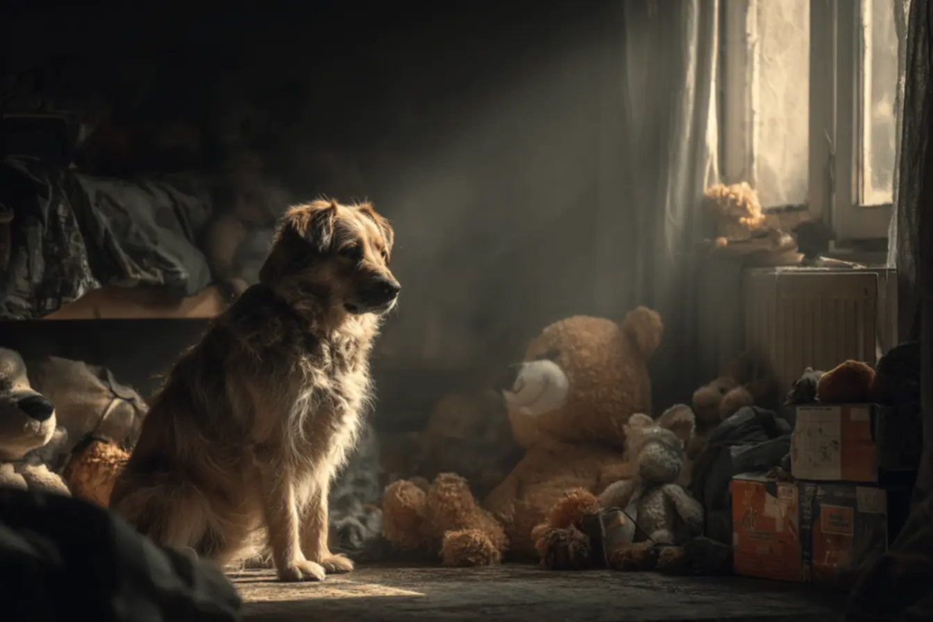Cachorro entediado olhando pela janela, precisando de estímulo.
