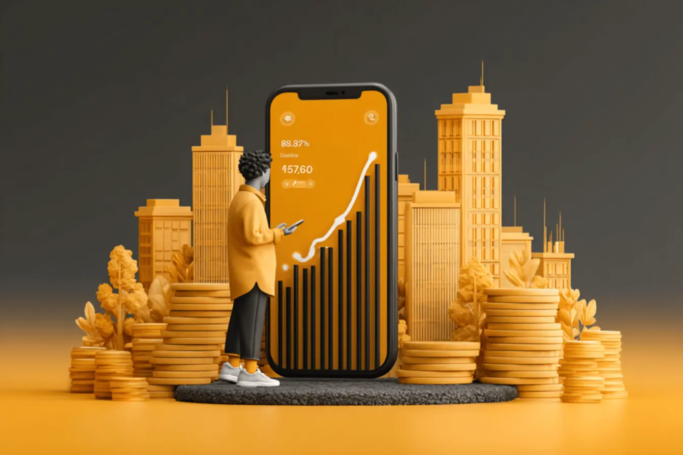 Pessoa usando um smartphone para gerenciar gastos e investimentos pessoais