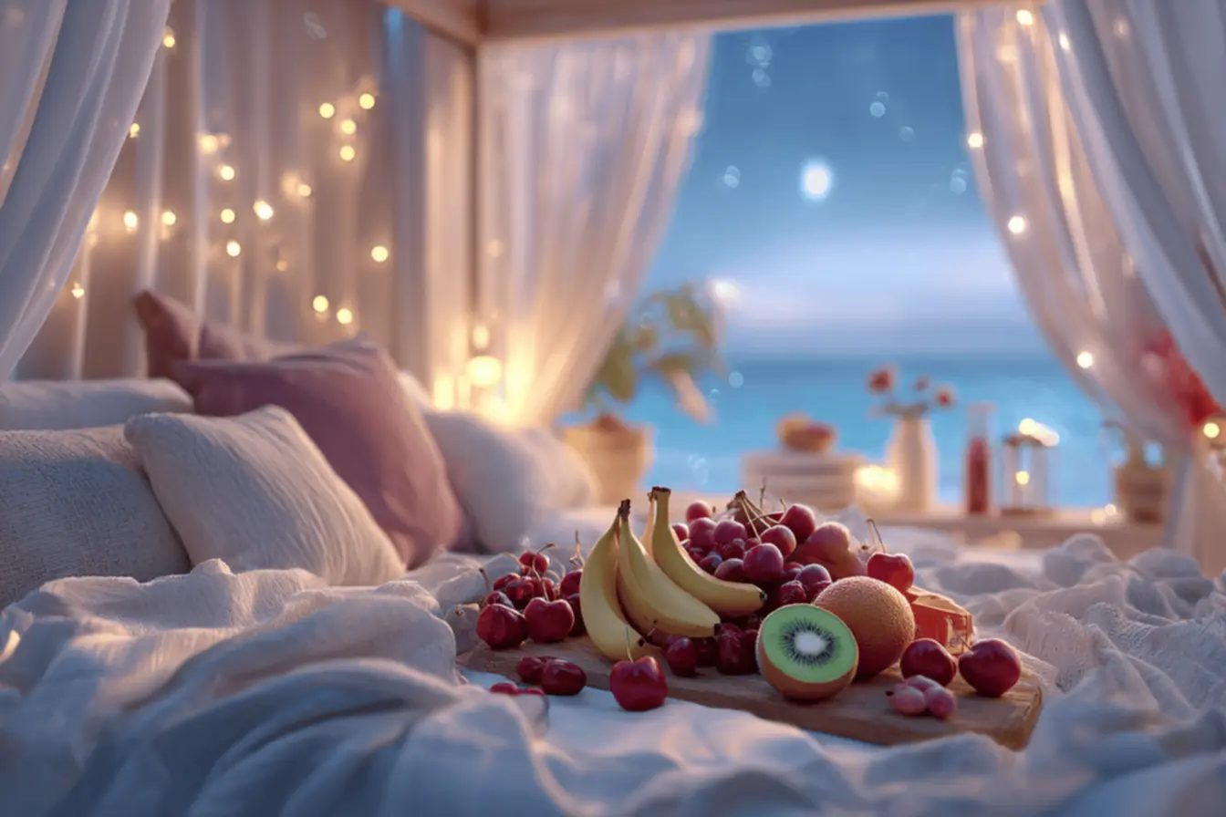 Frutas frescas e coloridas na fruteira, simbolizando as frutas que ajudam a dormir melhor e promovem o bem-estar noturno.