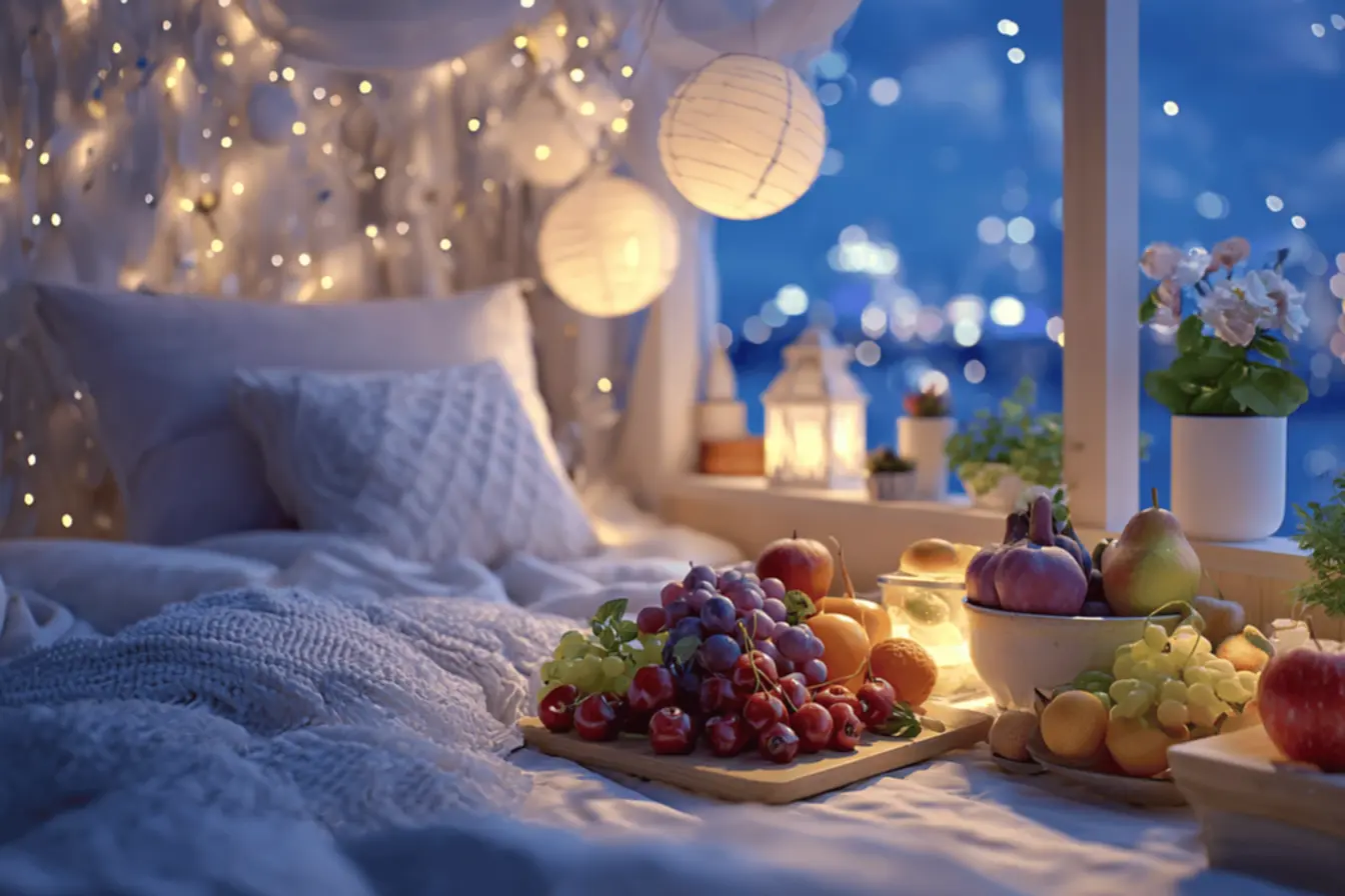 Diversas frutas como banana, kiwi e cereja, que são frutas que ajudam a dormir melhor e são fontes naturais de melatonina e triptofano.