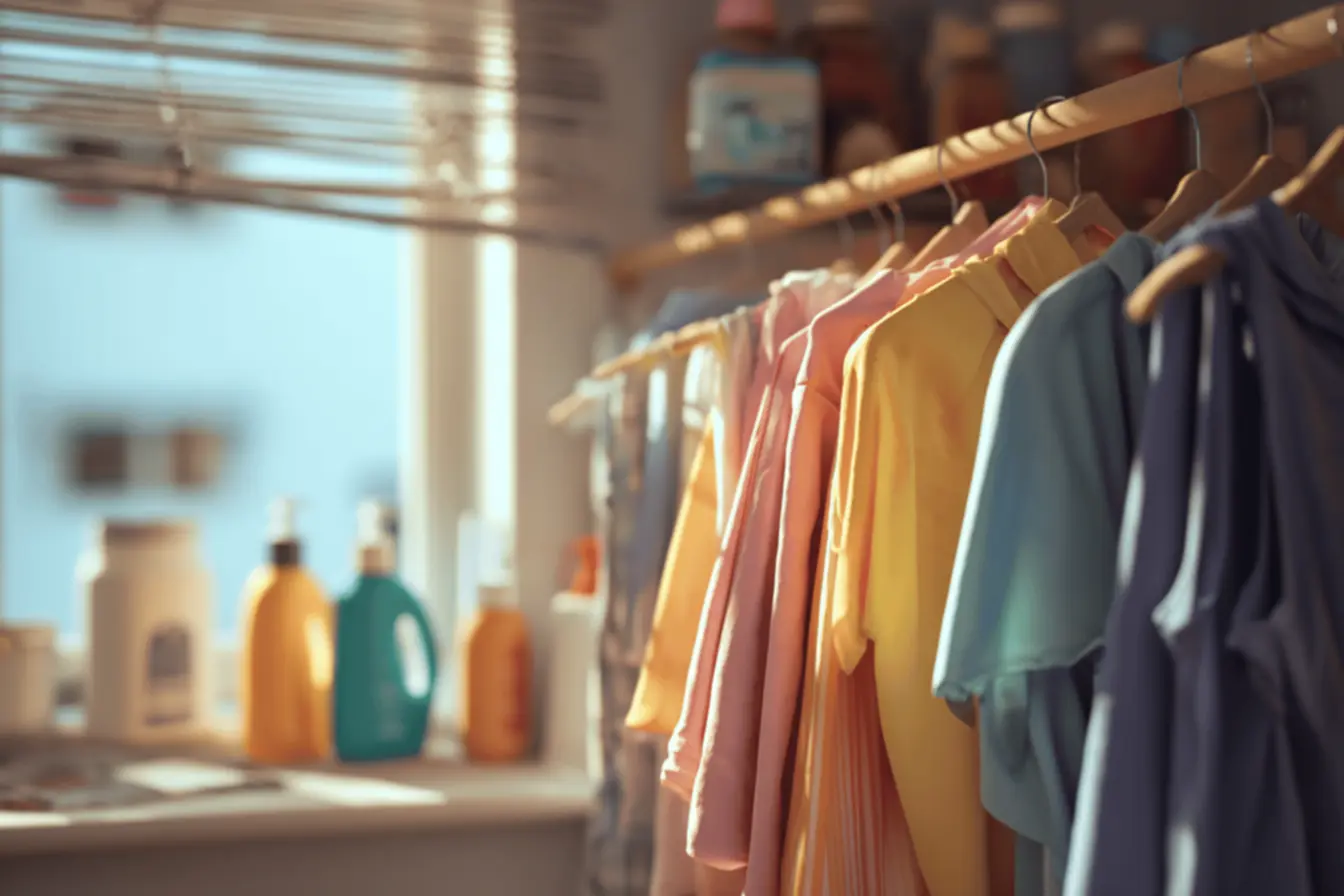 Montes de roupas separadas por cores: brancas, claras e escuras, exemplificando como evitar manchas na lavagem.