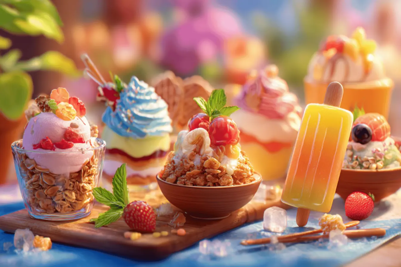 Gelado tropical de manga com coco em potes, ideal para sobremesas geladas de verão.