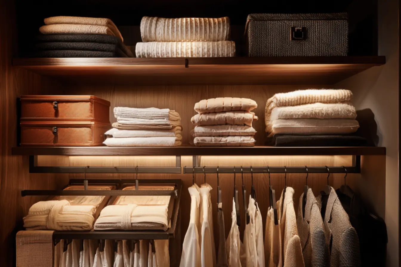 Armário bem organizado com diversos truques para caber mais roupas no armário, otimizando o espaço disponível.