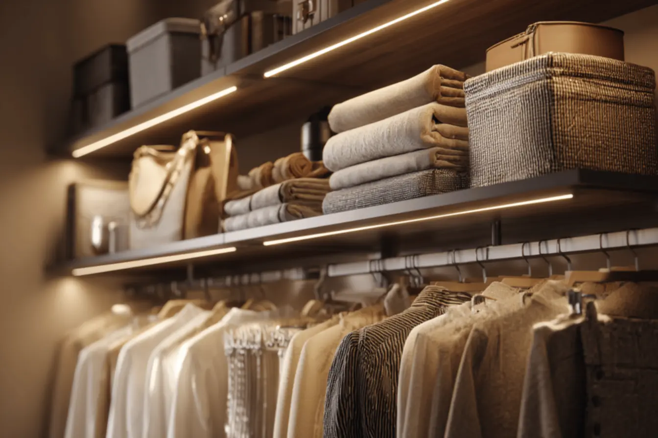 Caixas organizadoras transparentes e sacos a vácuo para armazenamento inteligente de peças sazonais.