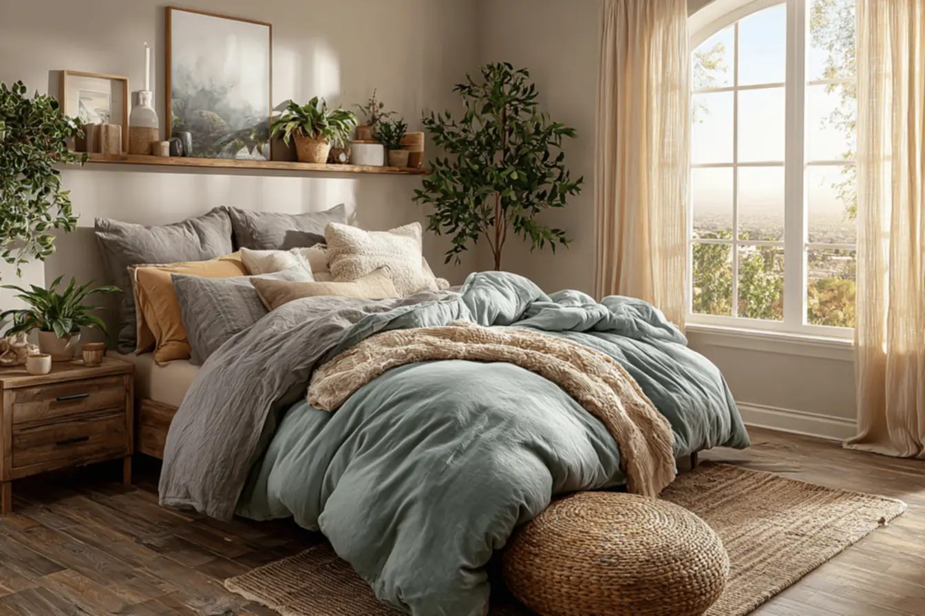 Quarto moderno com parede cinza-azulado, destacando as cores modernas para um ambiente relaxante.