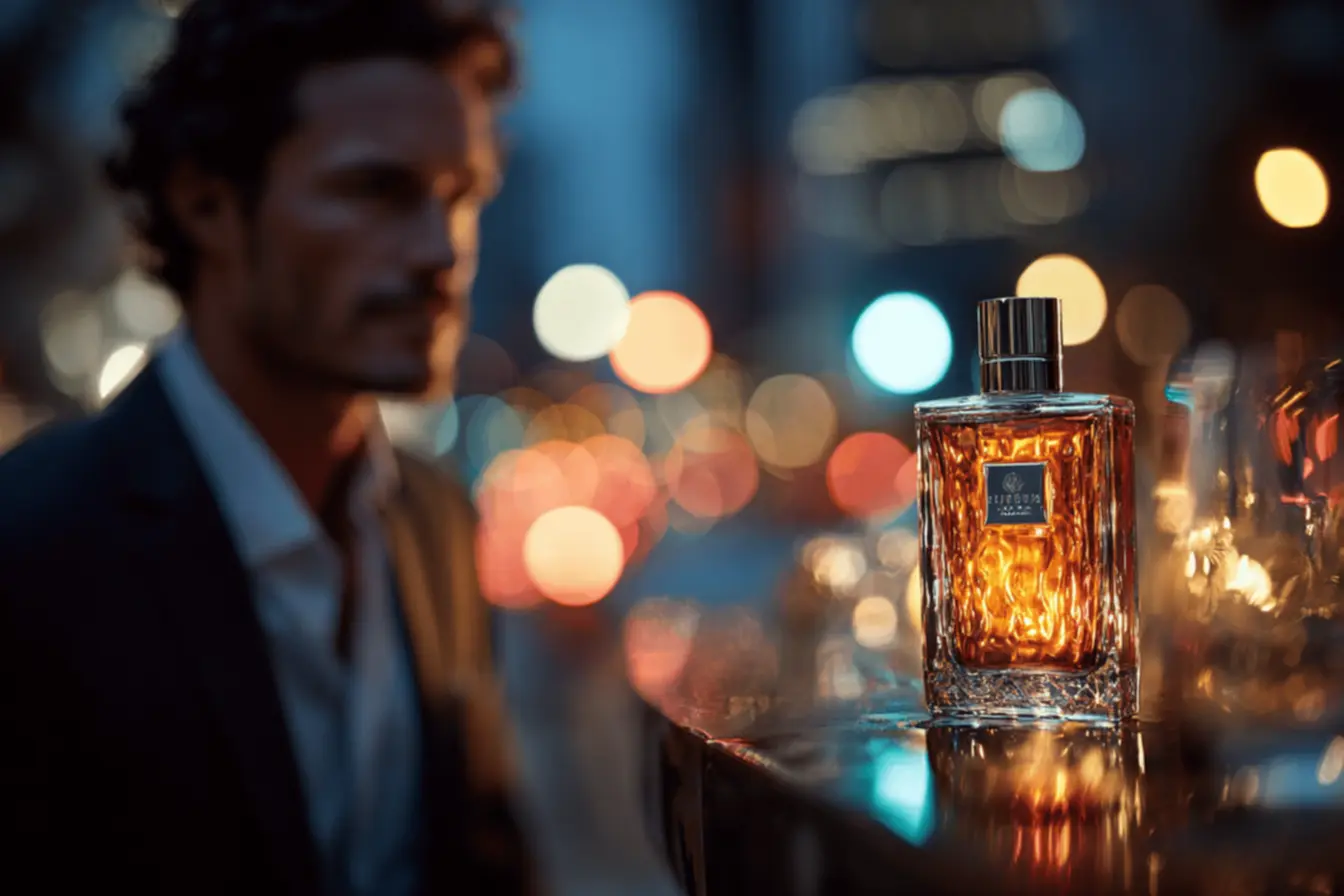 Homem confiante usando um dos perfumes masculinos mais elogiados, simbolizando sucesso e carisma