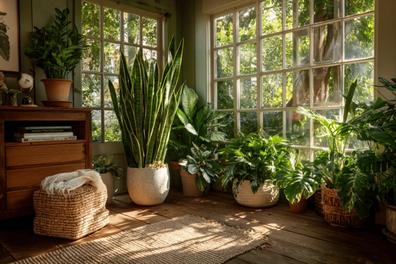 Ambiente interno com plantas purificadoras, melhorando o ar e o bem-estar.