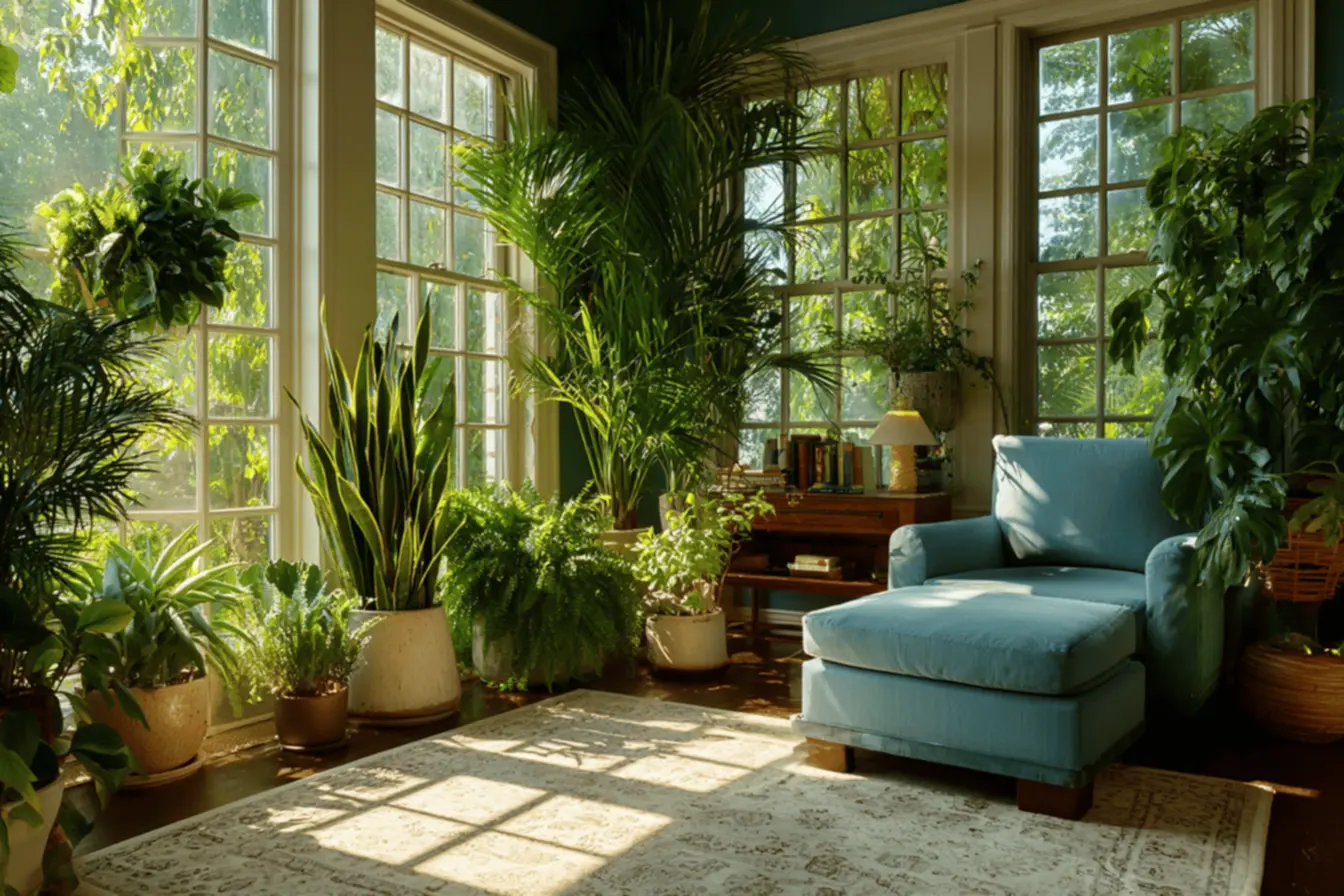 Várias plantas verdes em vasos, trazendo frescor e qualidade ao ar da casa.