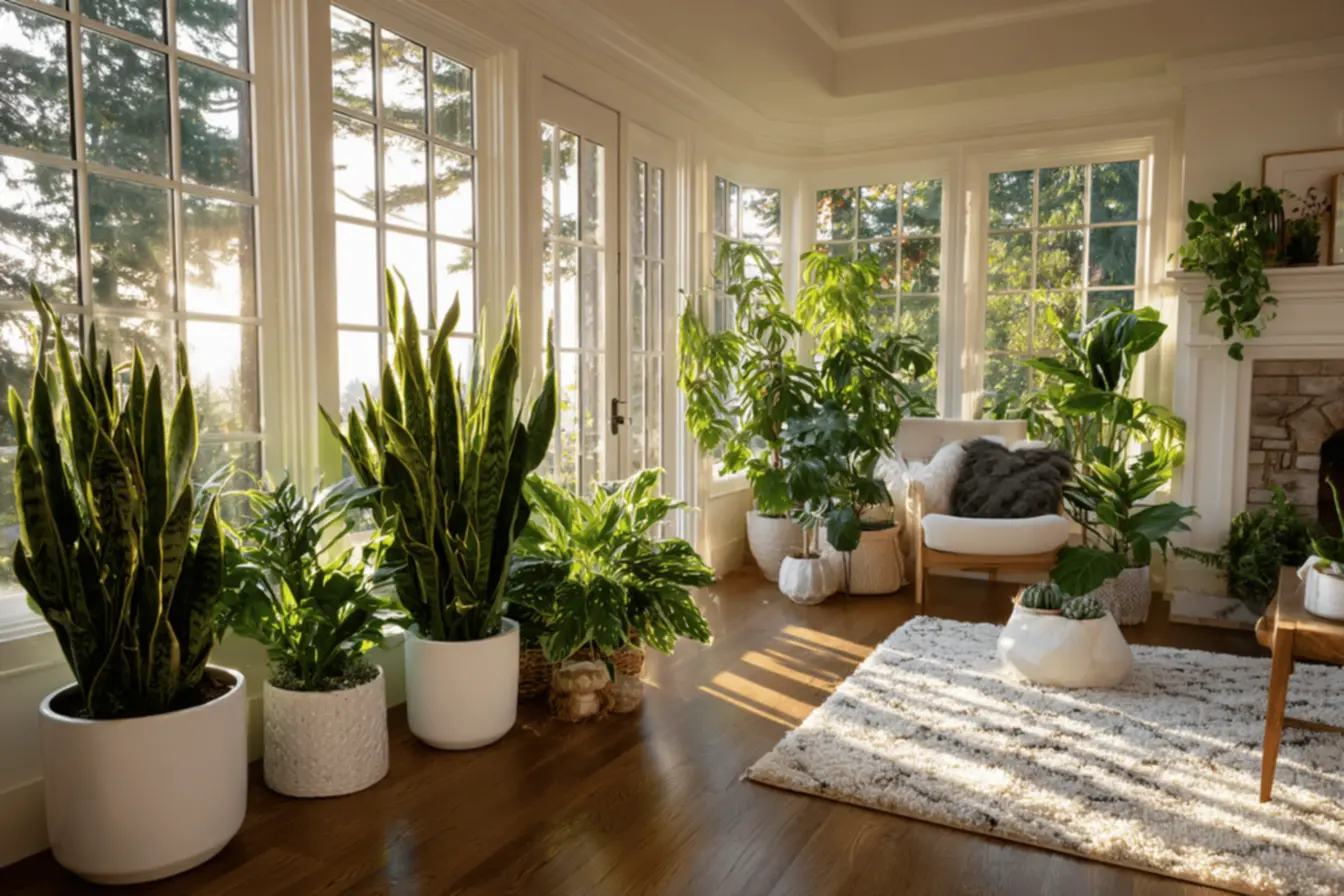 Detalhe de folhas exuberantes de plantas que purificam o ar, combatendo poluentes.