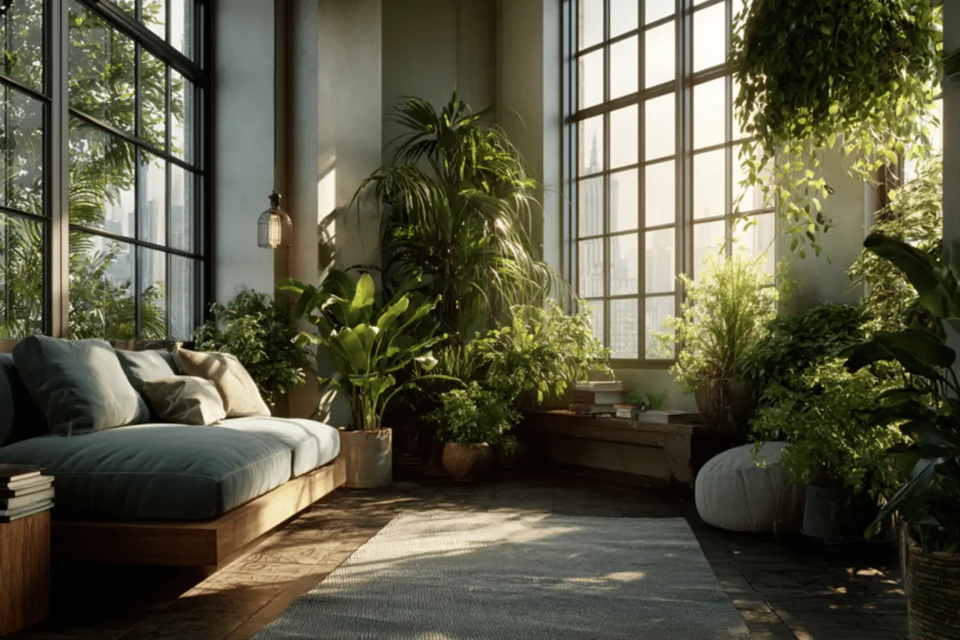 Cantinho de leitura com plantas vibrantes, promovendo um ar mais limpo e relaxante.