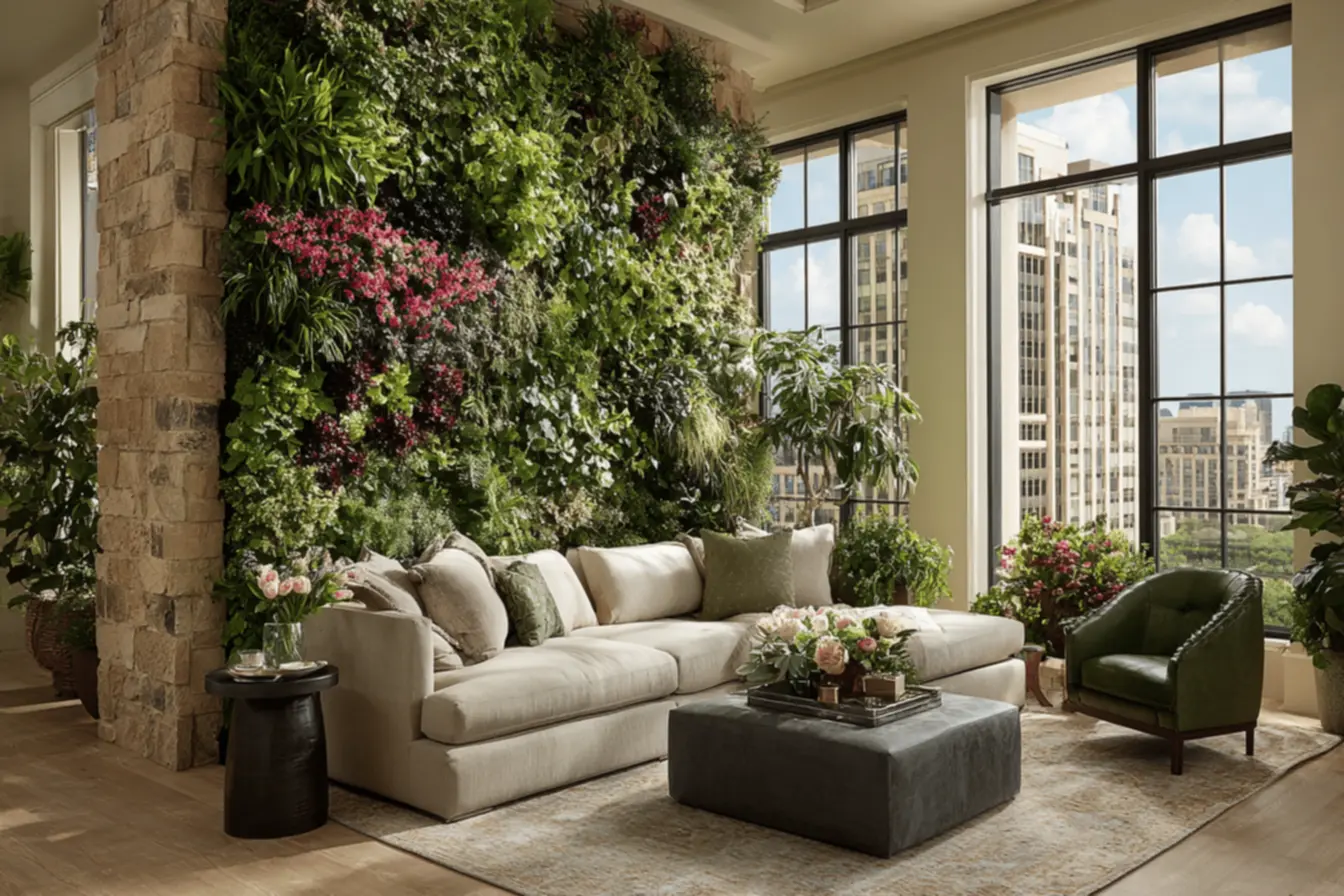 Jardim vertical criativo na sala de estar, integrando natureza e design moderno