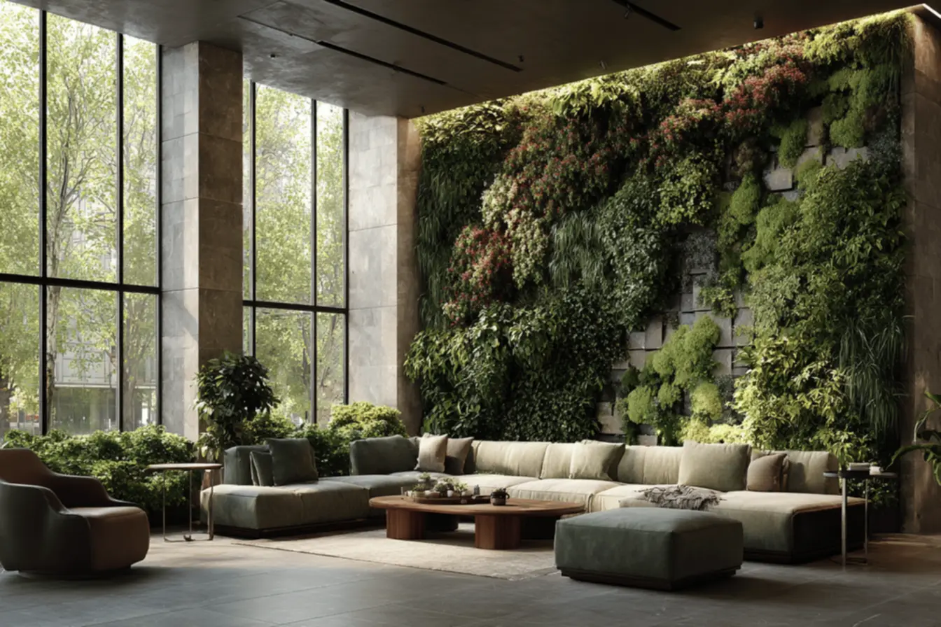 Exemplo de jardim vertical modular com plantas de fácil manutenção para ambientes internos