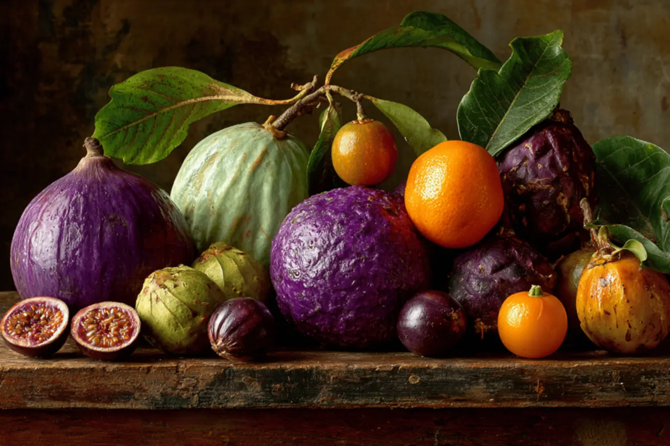 Várias frutas tropicais coloridas, mostrando a riqueza da flora brasileira