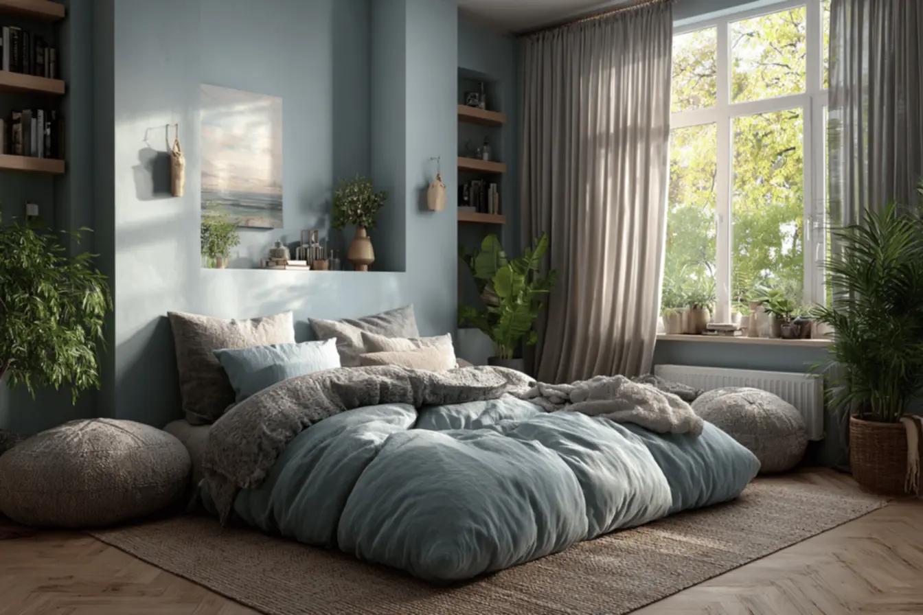 Quarto moderno neutro com cama arrumada, demonstrando as cores mais usadas em quartos modernos.
