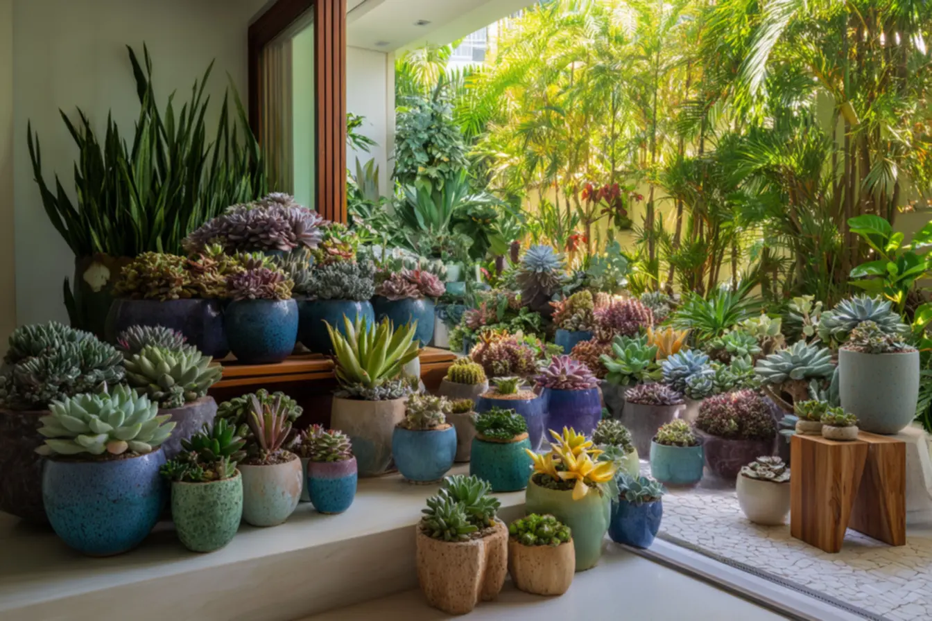 Jardim de suculentas em vasos coloridos