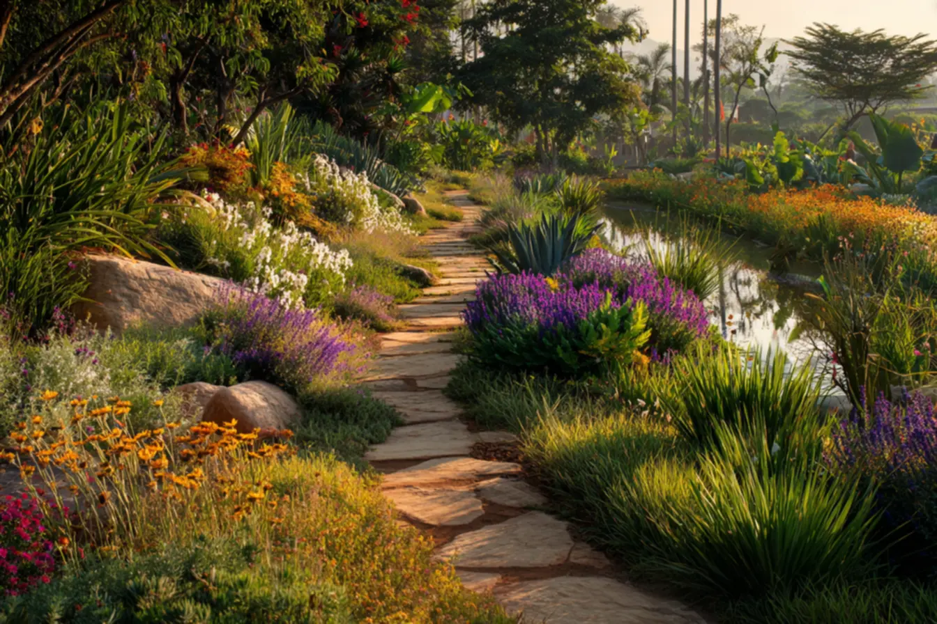 Jardim florido com plantas resistentes ao calor