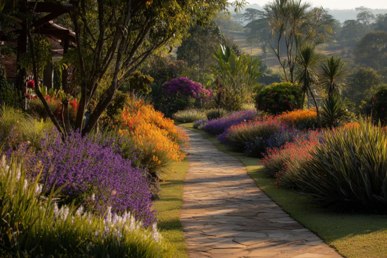 Jardim exuberante com plantas resistentes ao clima quente