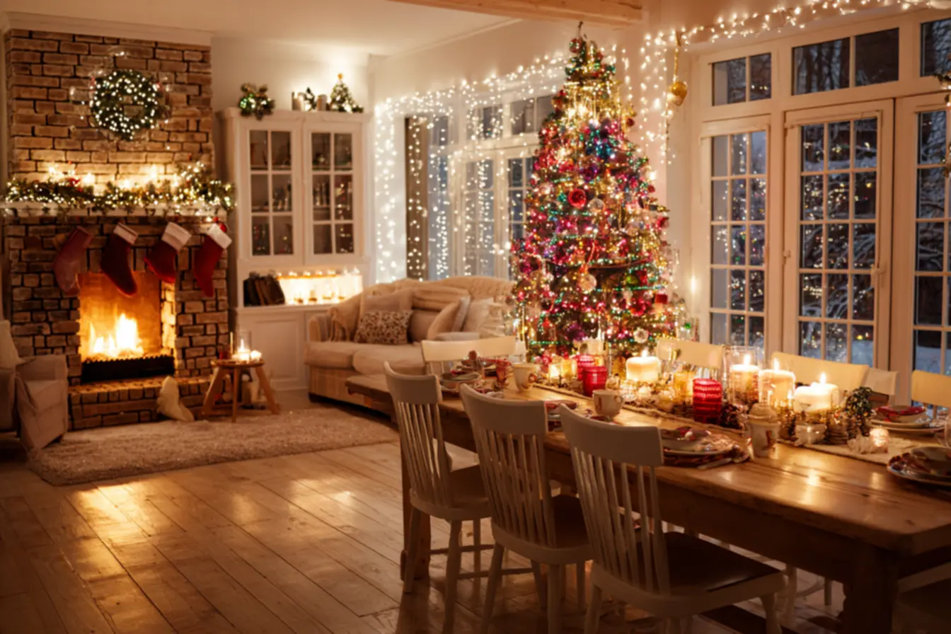 Decoração de Natal com pinhas e luzes