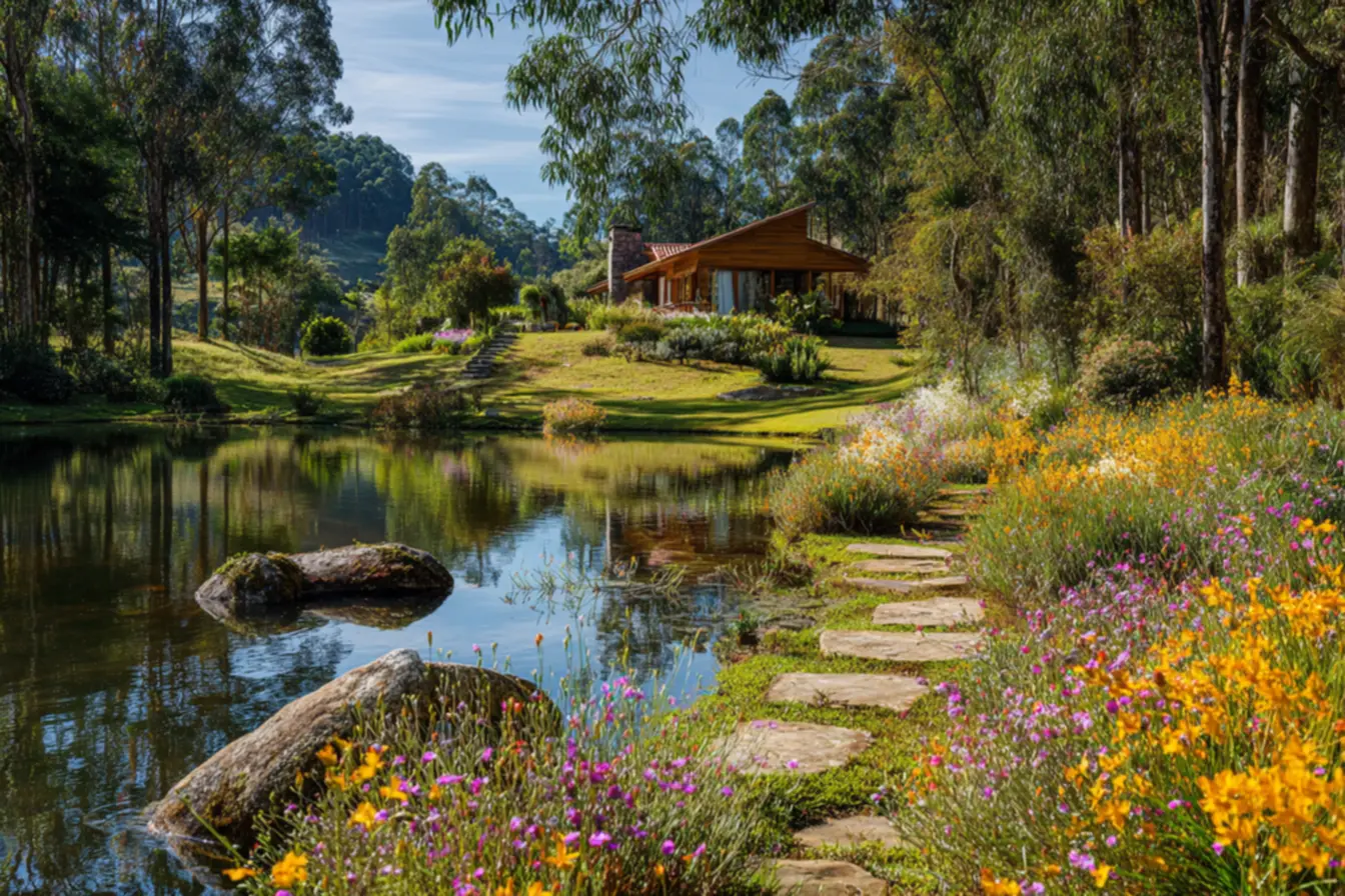 Decoração rústica em chácara, valorizando o conforto e a beleza natural