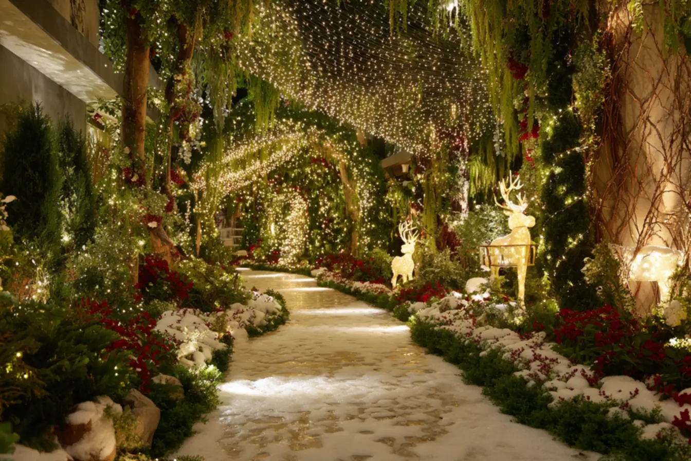 Decoração de natal no jardim com luzes e boneco de neve