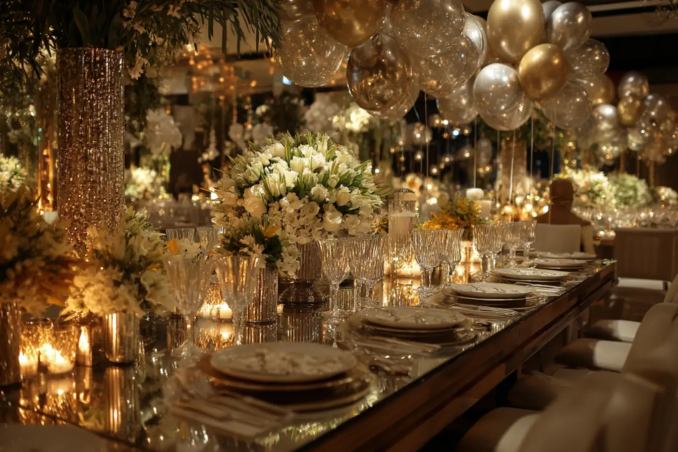 Mesa decorada com velas e flores para o Reveillon