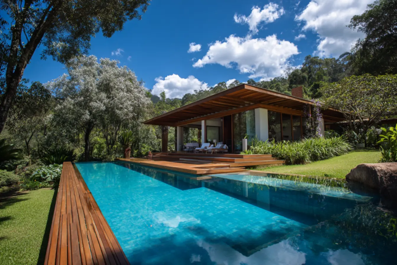 Chácara com telhado verde e design sustentável