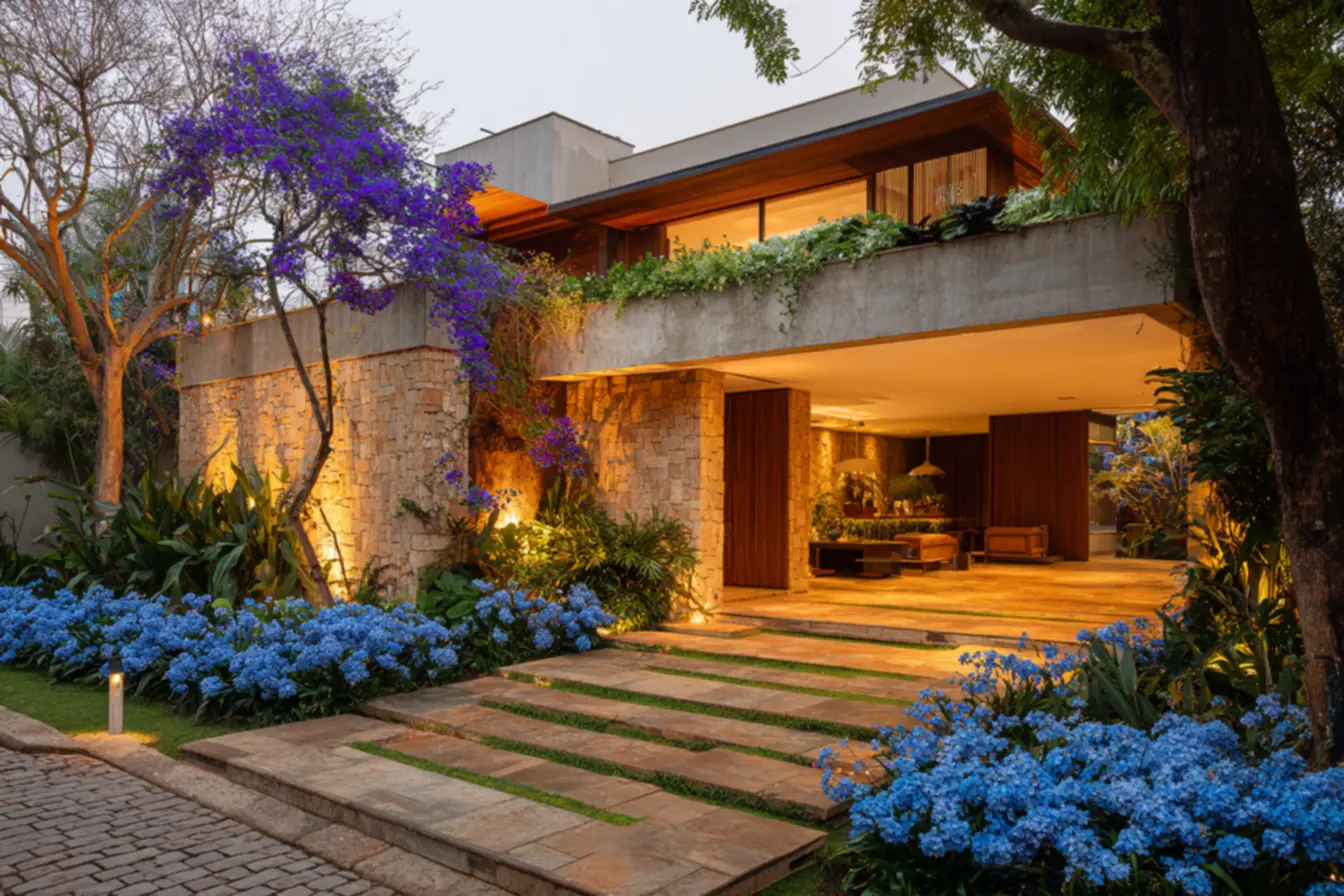 Iluminação estratégica valorizando fachadas de chácaras