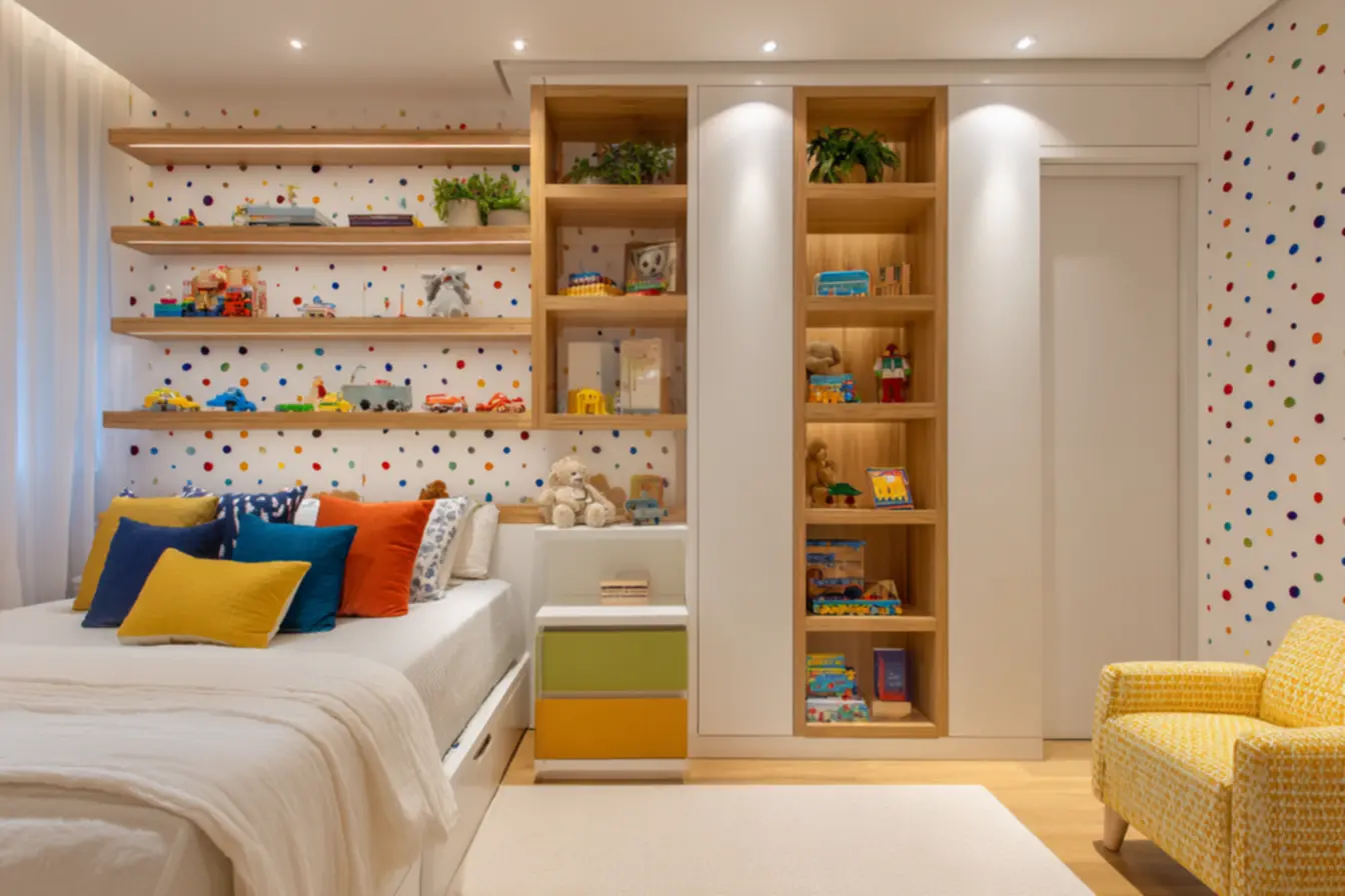 Armário infantil planejado com nichos e cores vibrantes