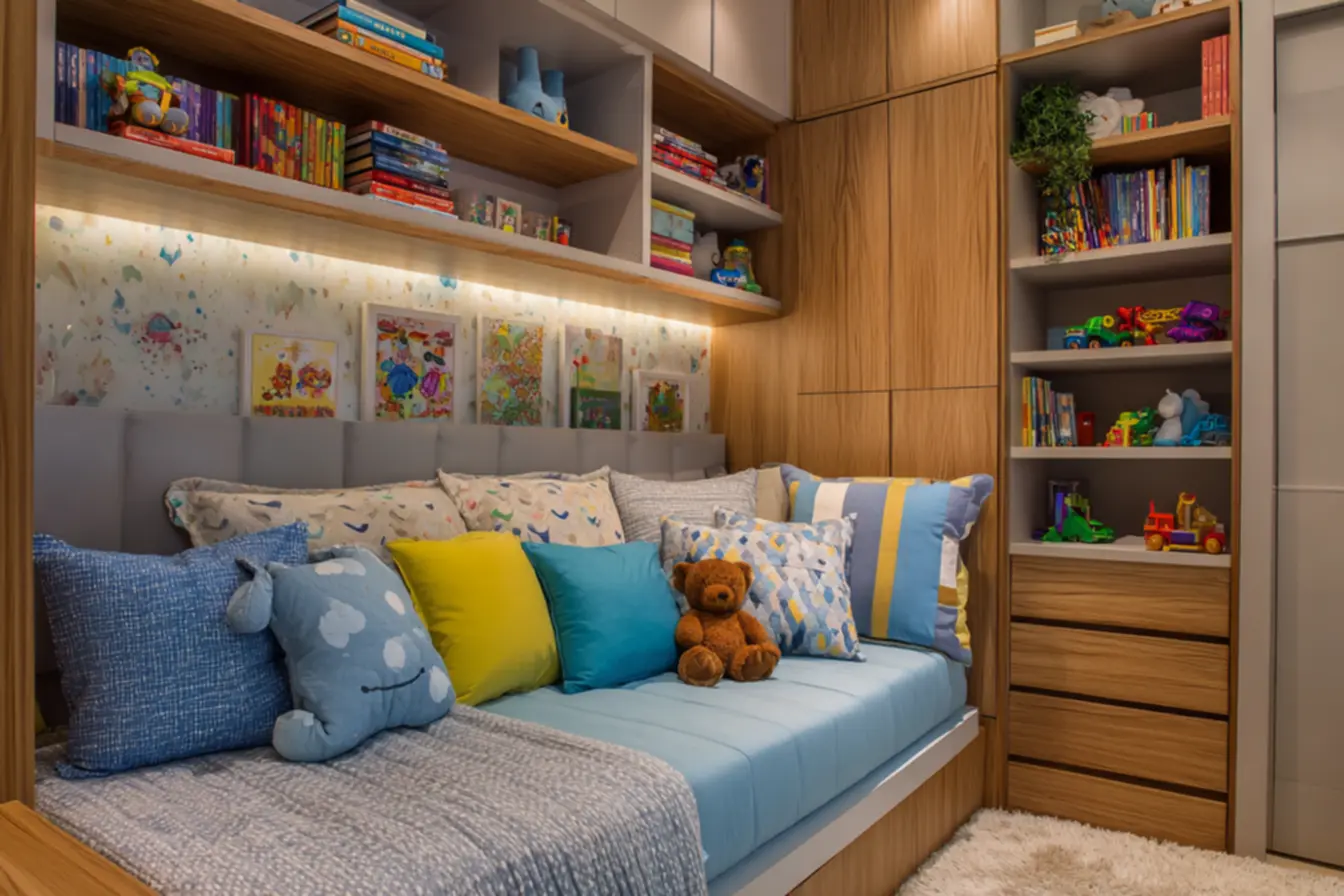 Armário infantil planejado com cores claras e acabamento liso